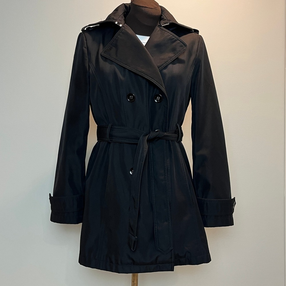 Calvin Klein Womens S Black Hooded Trench Coat Belted Double Breasted Raincoat